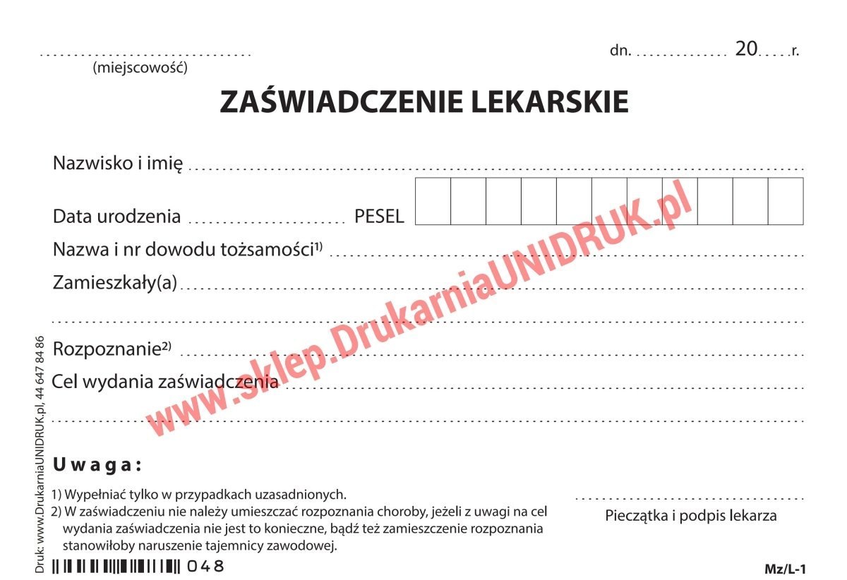 Zaświadczenie Lekarskie - Druk